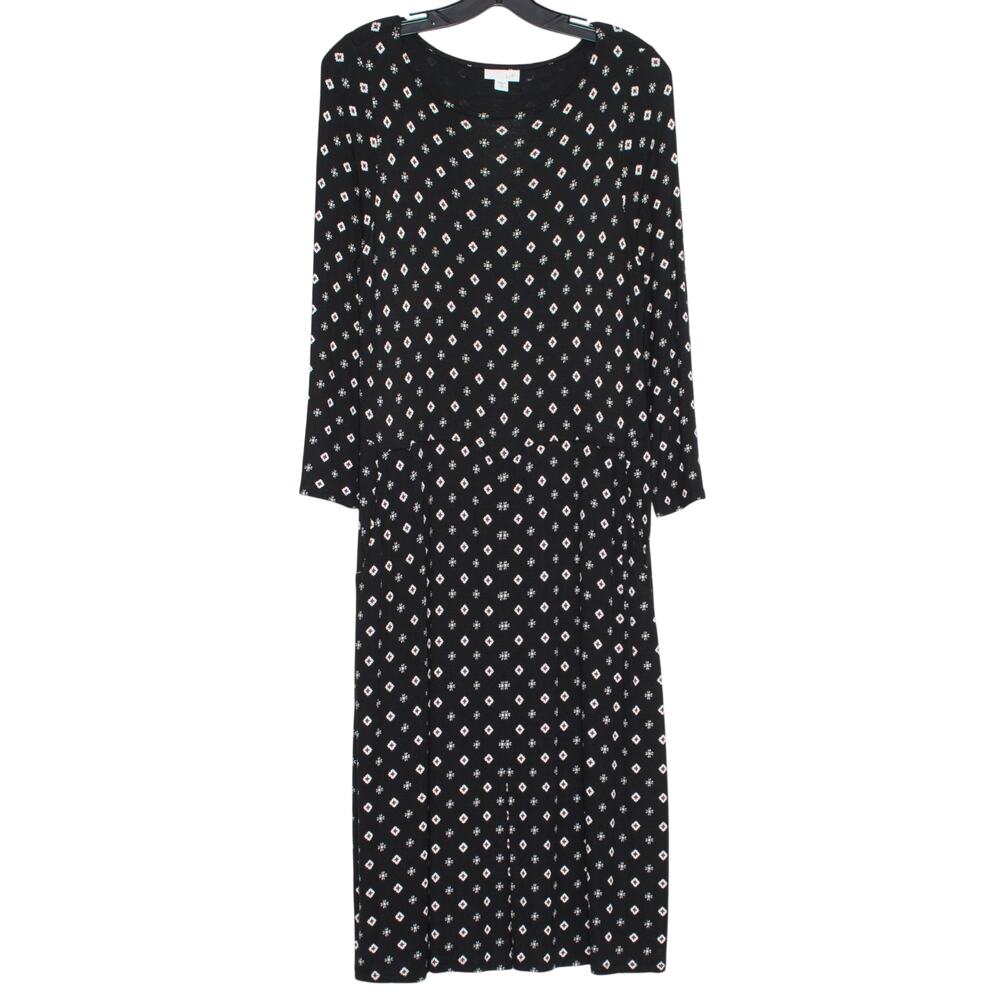 J Jill Midi Dress Long Sleeve Black Geometric Boho Cottagecore Size Medium Tall